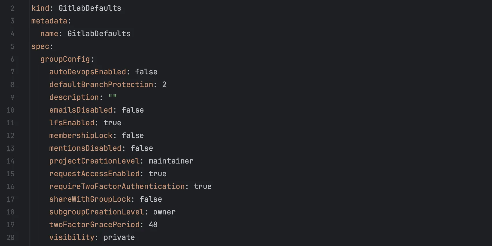 An example showing how default configuration values are defined for GitLab in YAML.